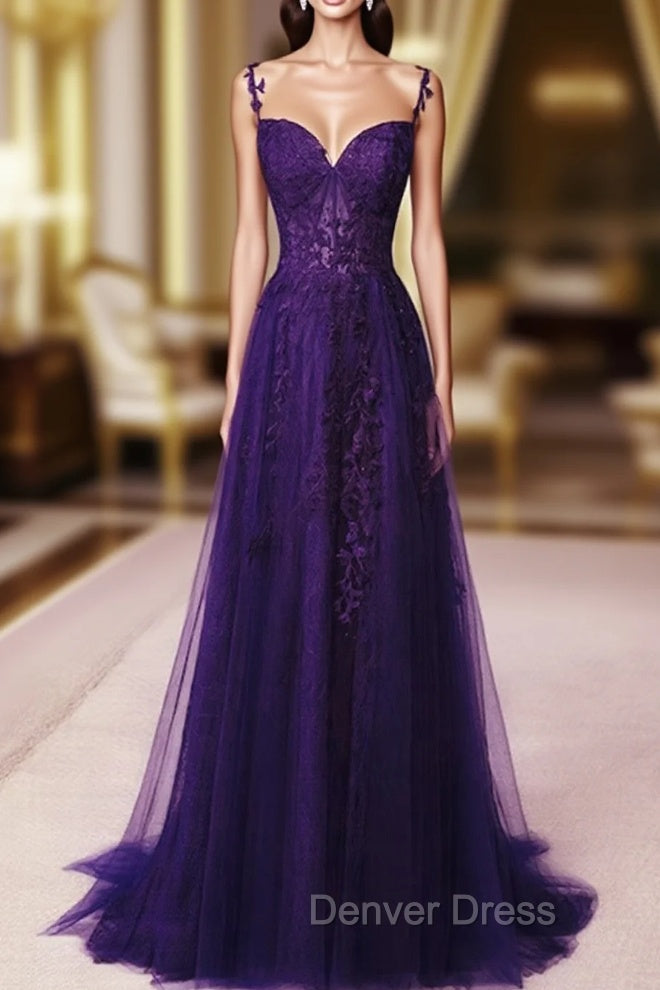 Dark Purple Sweetheart Tulle with Lace Straps Party Dresses, Dark Purple Prom Dresses