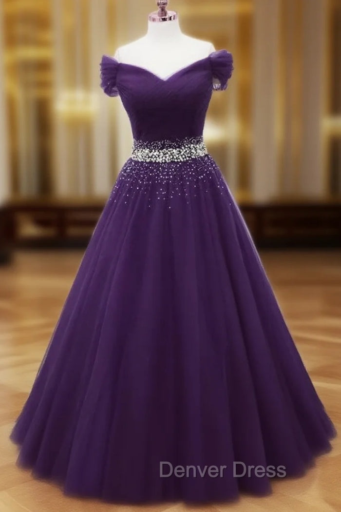 Dark Purple Tulle Long Prom Dress, Junior Prom Dresses