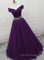 Dark Purple Tulle Long Prom Dress, Junior Prom Dresses