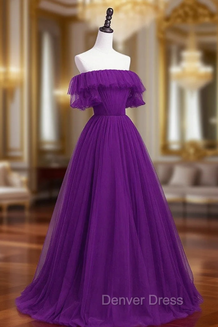 Dark Purple Tulle Off Shoulder Long Party Dresses, A-line Purple Prom Dresses Main image