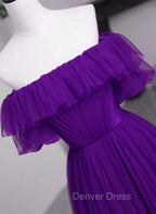 Dark Purple Tulle Off Shoulder Long Party Dresses, A-line Purple Prom Dresses