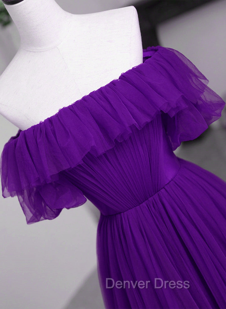 Dark Purple Tulle Off Shoulder Long Party Dresses, A-line Purple Prom Dresses