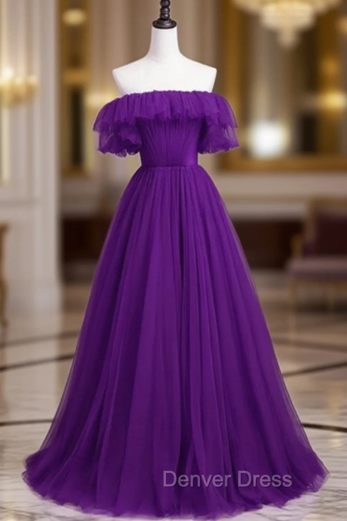 Dark Purple Tulle Off the Shoulder Pleats Prom Dresses