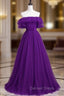Dark Purple Tulle Off the Shoulder Pleats Prom Dresses