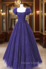 Dark Purple Tulle Sequins Puff Sleeve Pleats Prom Dresses