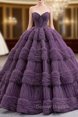 Dark Purple Tulle Sweetheart Pleats Beading Prom Dresses