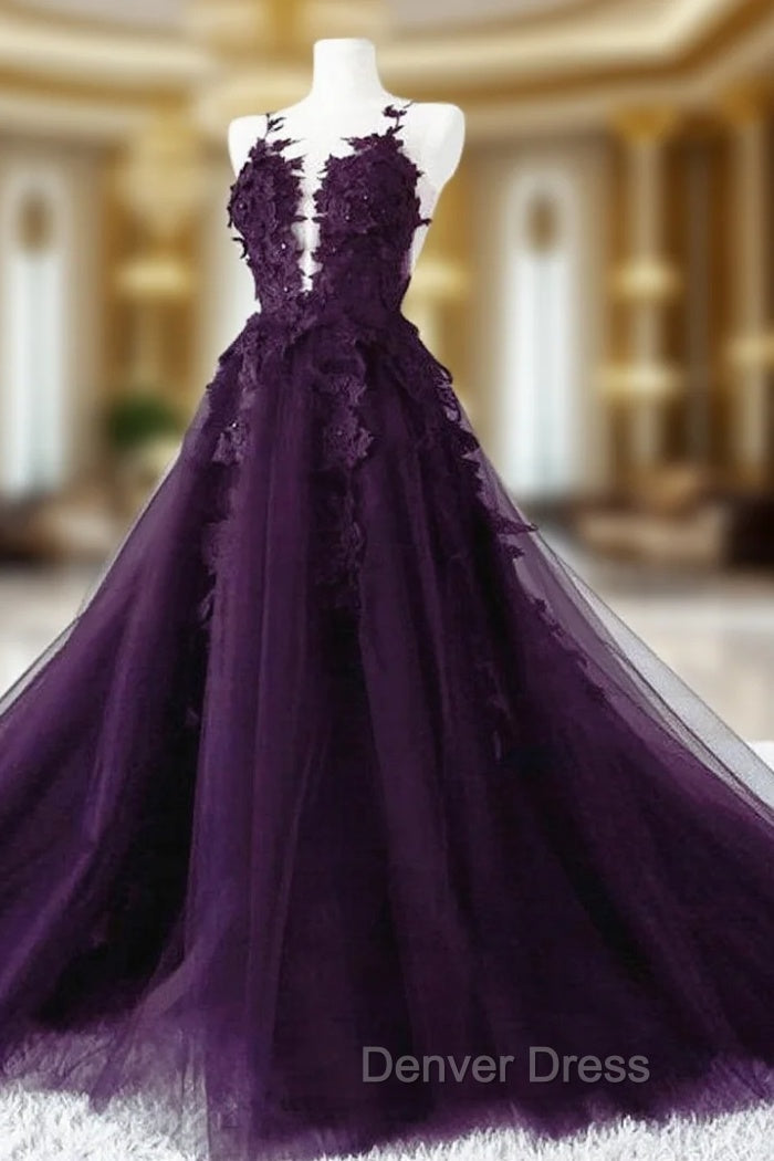 Dark Purple Tulle with Lace Applique Prom Dress, Purple Prom Dresses