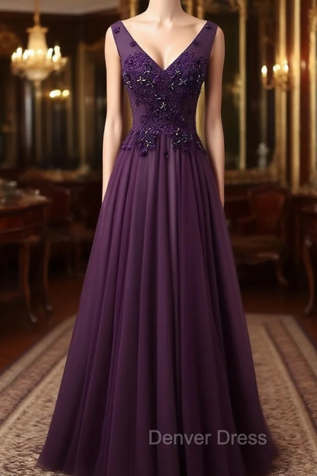 Dark Purple V-neckline Beaded Tulle Long Formal Dresses Purple Evening Dresses prom Dresses shops Main image