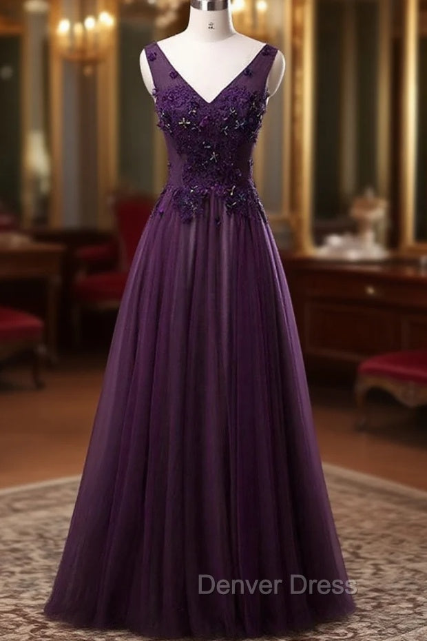 Dark Purple V-neckline Beaded Tulle Long Formal Dresses, Purple Evening Dresses Main image