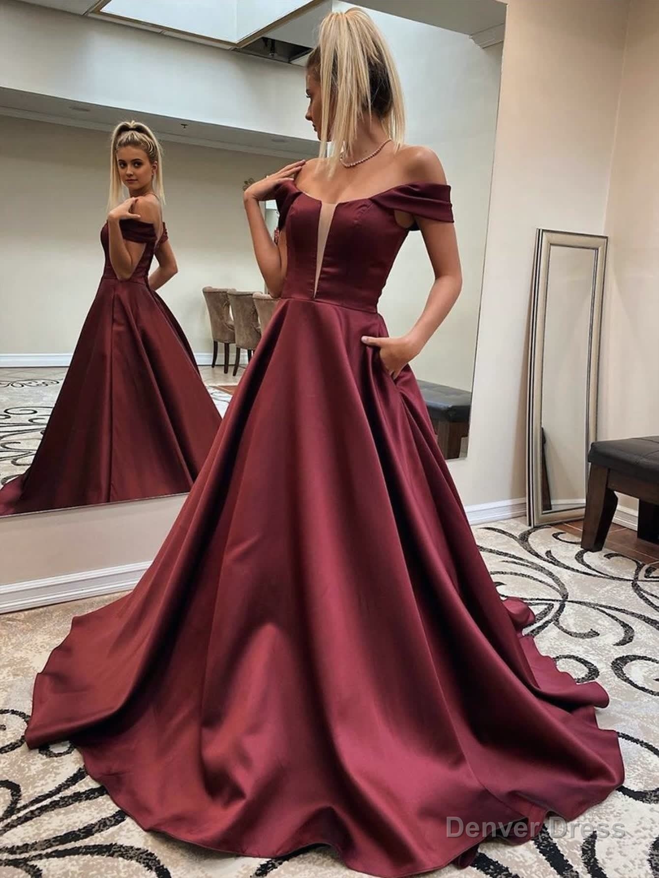 Dark Red A Line Off The Shoulder Long Prom Dresses
