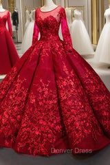 Dark Red Ball Gown Tulle Appliques Long Sleeve Backless Luxury Prom Dresses