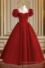 Dark Red Beaded Short Sleeves Tea Length Party Dresses, Dark Red Formal Dresses Prom Dresses