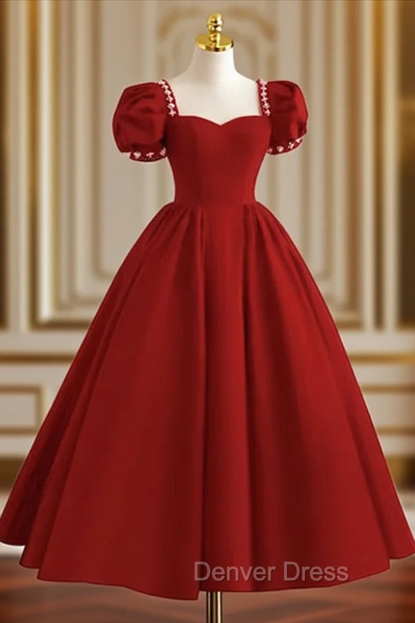 Dark Red Beaded Short Sleeves Tea Length Prom Dress, Dark Red Prom Dress