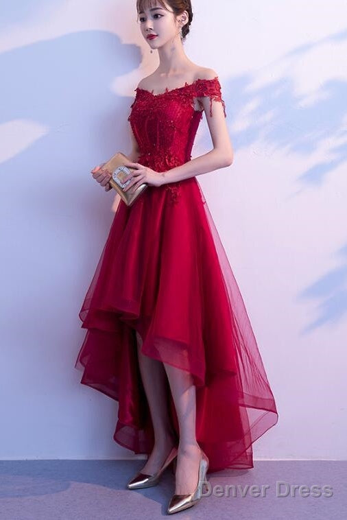 Dark Red High Low Dress, Beautiful Tulle And Lace Prom Dress, Formal Gown