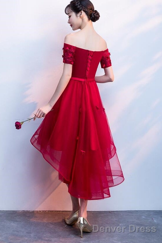 Dark Red High Low Flowers Homecoming Dress, Charming Prom Dress