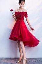 Dark Red High Low Flowers Homecoming Dress, Charming Prom Dresses