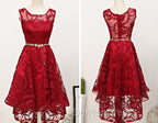 Dark Red High Low Lace Party Dresses Homecoming Dresses, Red Short Prom Dresses