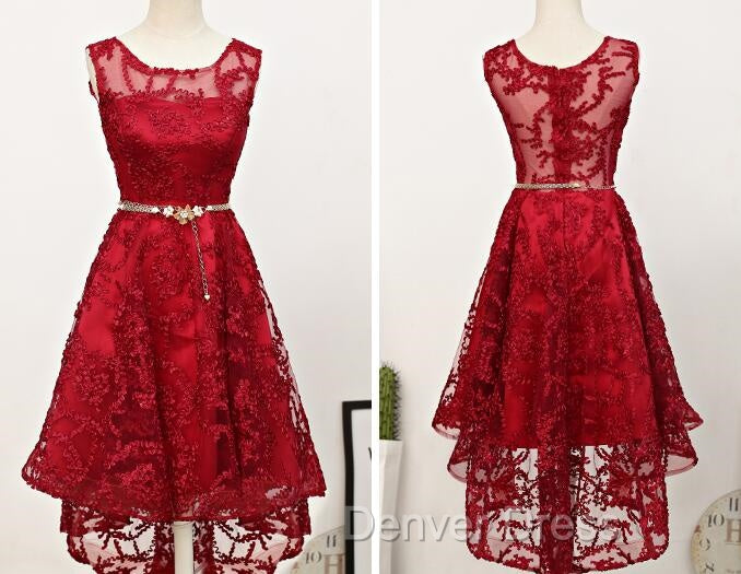 Dark Red High Low Lace Prom Dress Homecoming Dress, Red Short Prom Dresses
