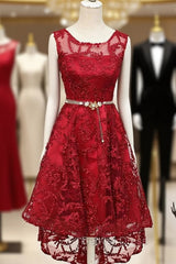 Dark Red High Low Lace Party Dresses Homecoming Dresses, Red Short Prom Dresses