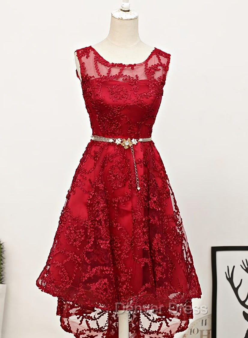 Dark Red High Low Lace Party Dresses Homecoming Dresses, Red Short Prom Dresses