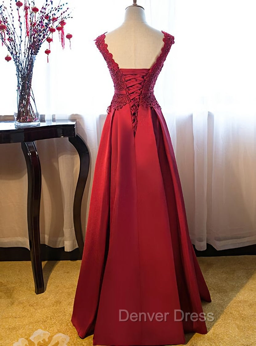 Dark Red Lace Long Junior Prom Dresses, Lace Top Party Dresses Secondary image