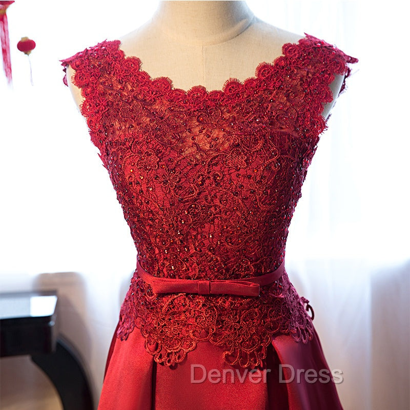Dark Red Lace Long Junior Prom Dresses, Lace Top Party Dresses