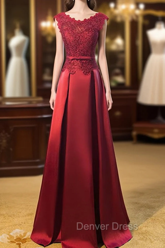 Dark Red Lace Long Junior Prom Dresses, Lace Top Party Dresses Main image
