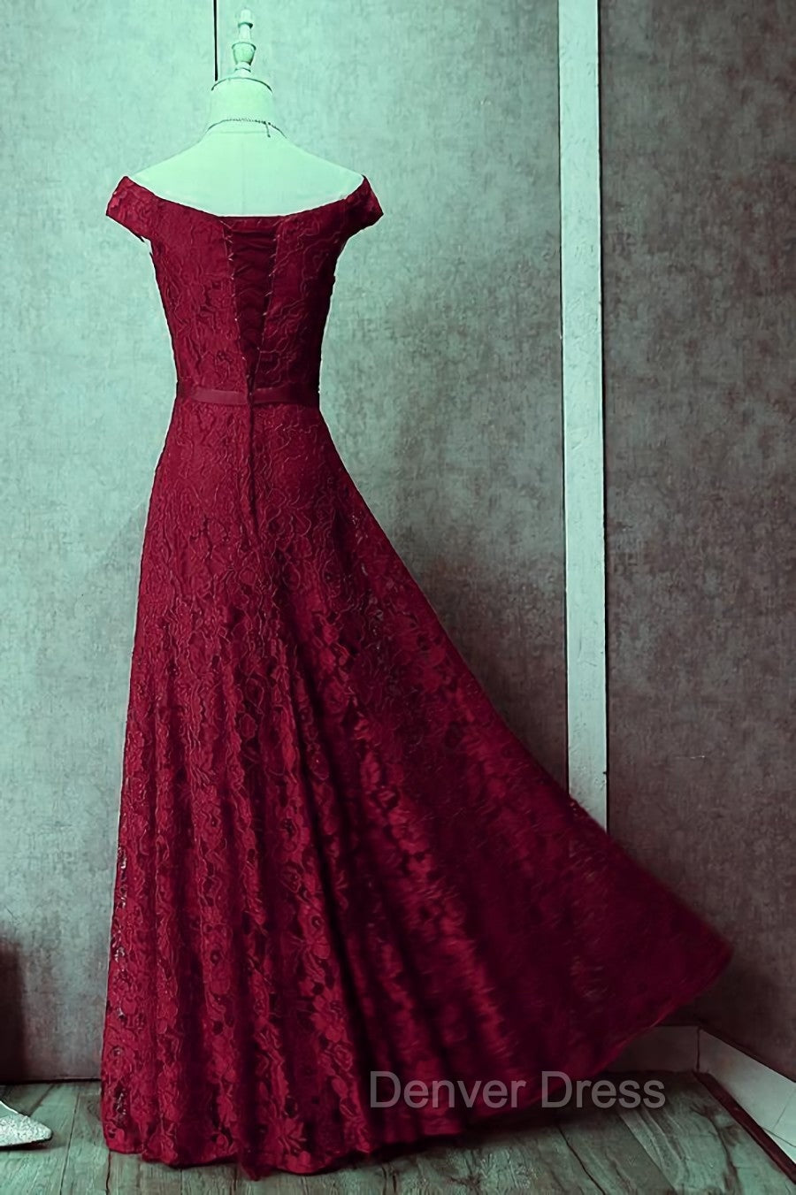 Dark Red Lace Off Shoulder Bridesmaid Dress, Long Prom Dresses