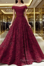 Dark Red Lace Off Shoulder Bridesmaid Dress, Long Prom Dresses