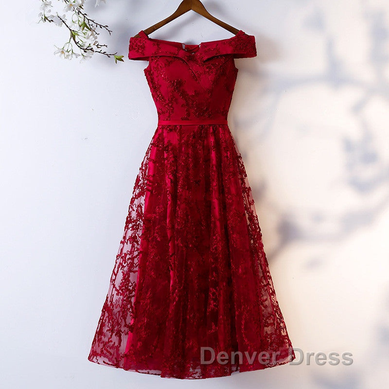 Dark Red Lace Off Shoulder Short Prom Dress Prom Dress, Wine Red Homecoming Dresses