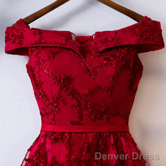 Dark Red Lace Off Shoulder Short Party Dress Formal Dress, Wine Red Homecoming Dresses