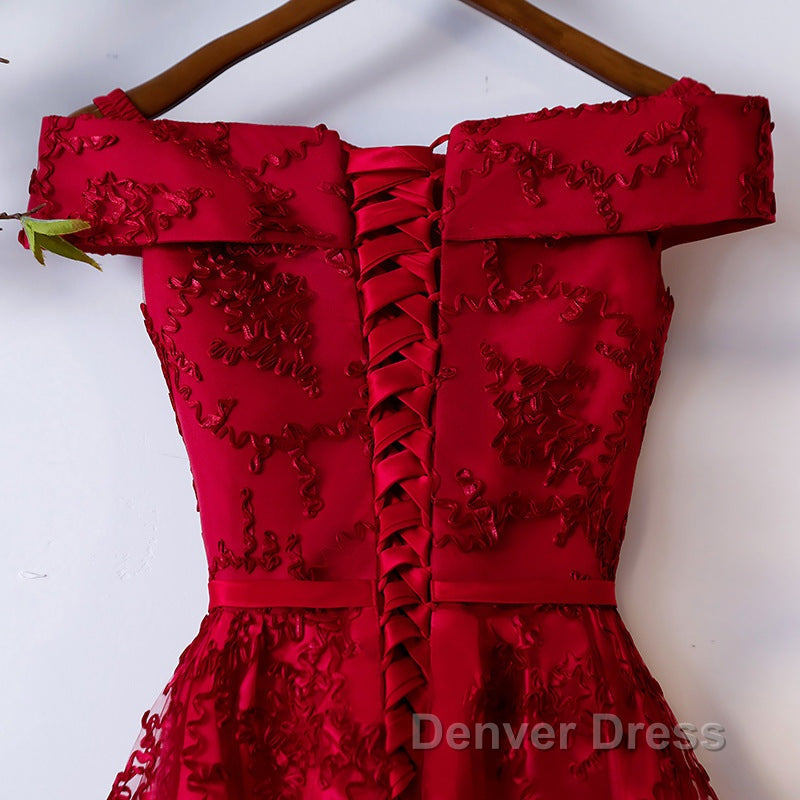 Dark Red Lace Off Shoulder Short Prom Dress Prom Dress, Wine Red Homecoming Dresses