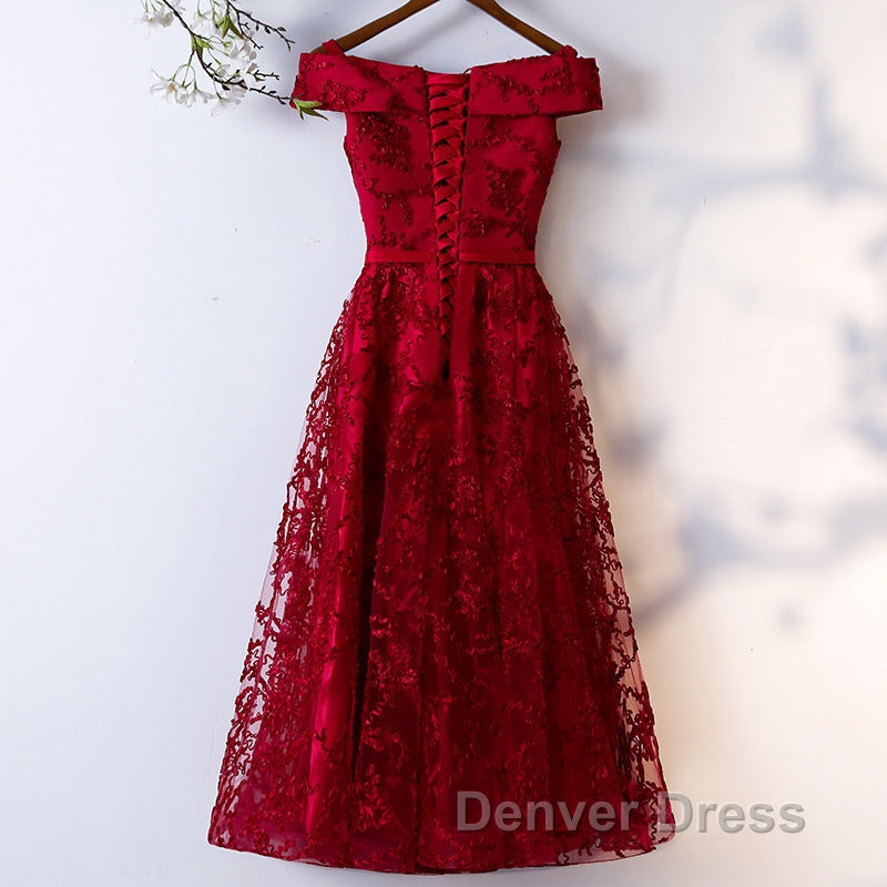 Dark Red Lace Off Shoulder Short Prom Dress Prom Dress, Wine Red Homecoming Dresses
