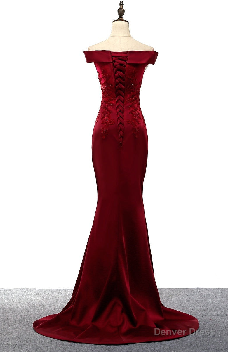 Dark Red Mermaid Satin Long Prom Dress, Off Shoulder Prom Dresses Main image