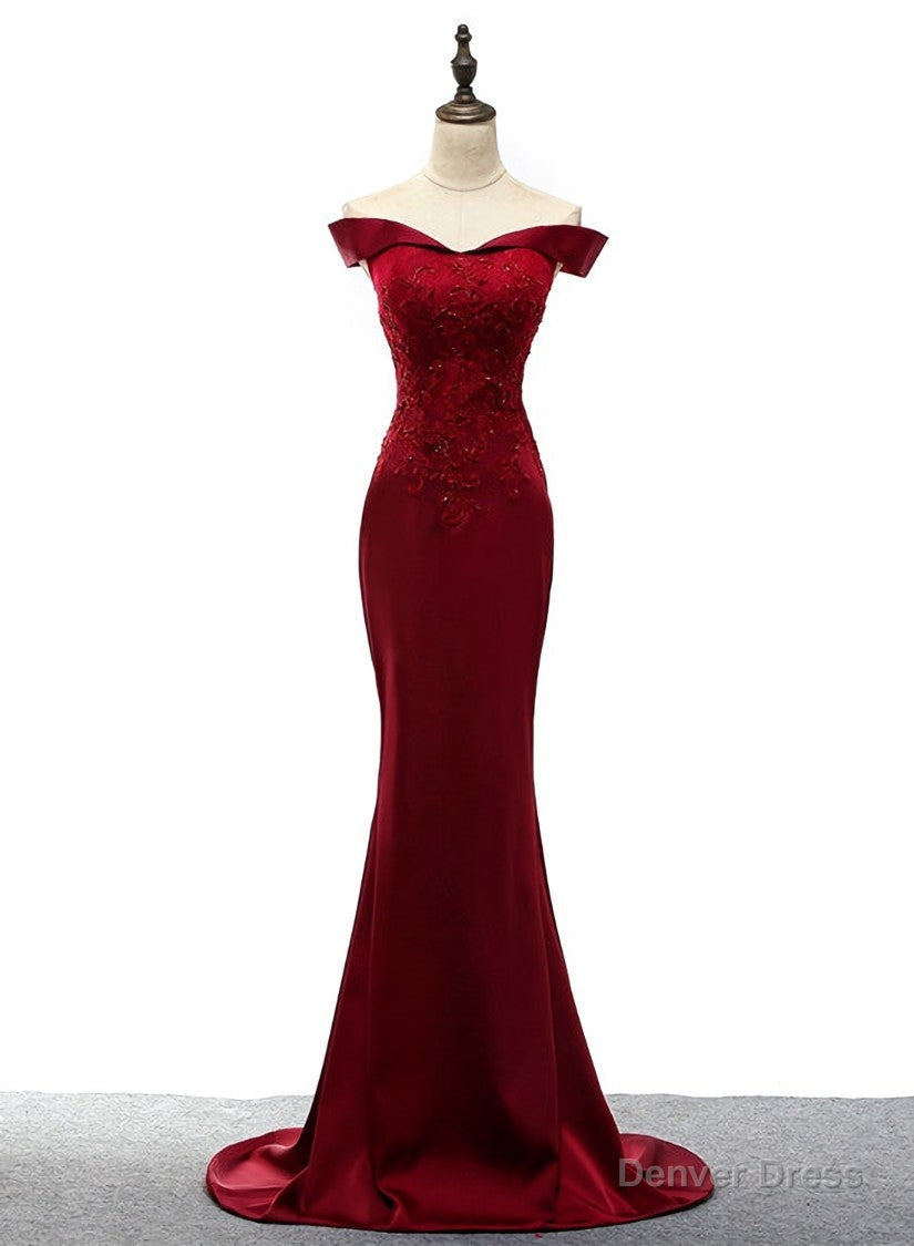 Dark Red Mermaid Satin Long Prom Dress, Off Shoulder Prom Dresses