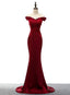 Dark Red Mermaid Satin Long Prom Dress, Off Shoulder Prom Dresses