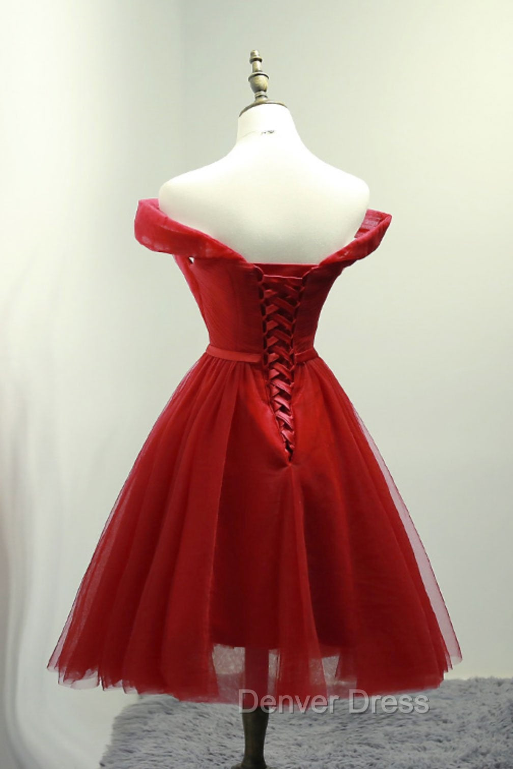 Dark Red Off the Shoulder Tulle Knee Length Party Dresses, Red Homecoming Dresses Secondary image