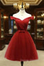 Dark Red Off the Shoulder Tulle Knee Length Prom Dress, Red Homecoming Dresses