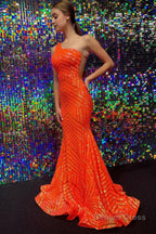 Dark Red One Shoulder Sequined Mermaid Prom Dresses
