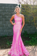 Dark Red One Shoulder Sequined Mermaid Prom Dresses
