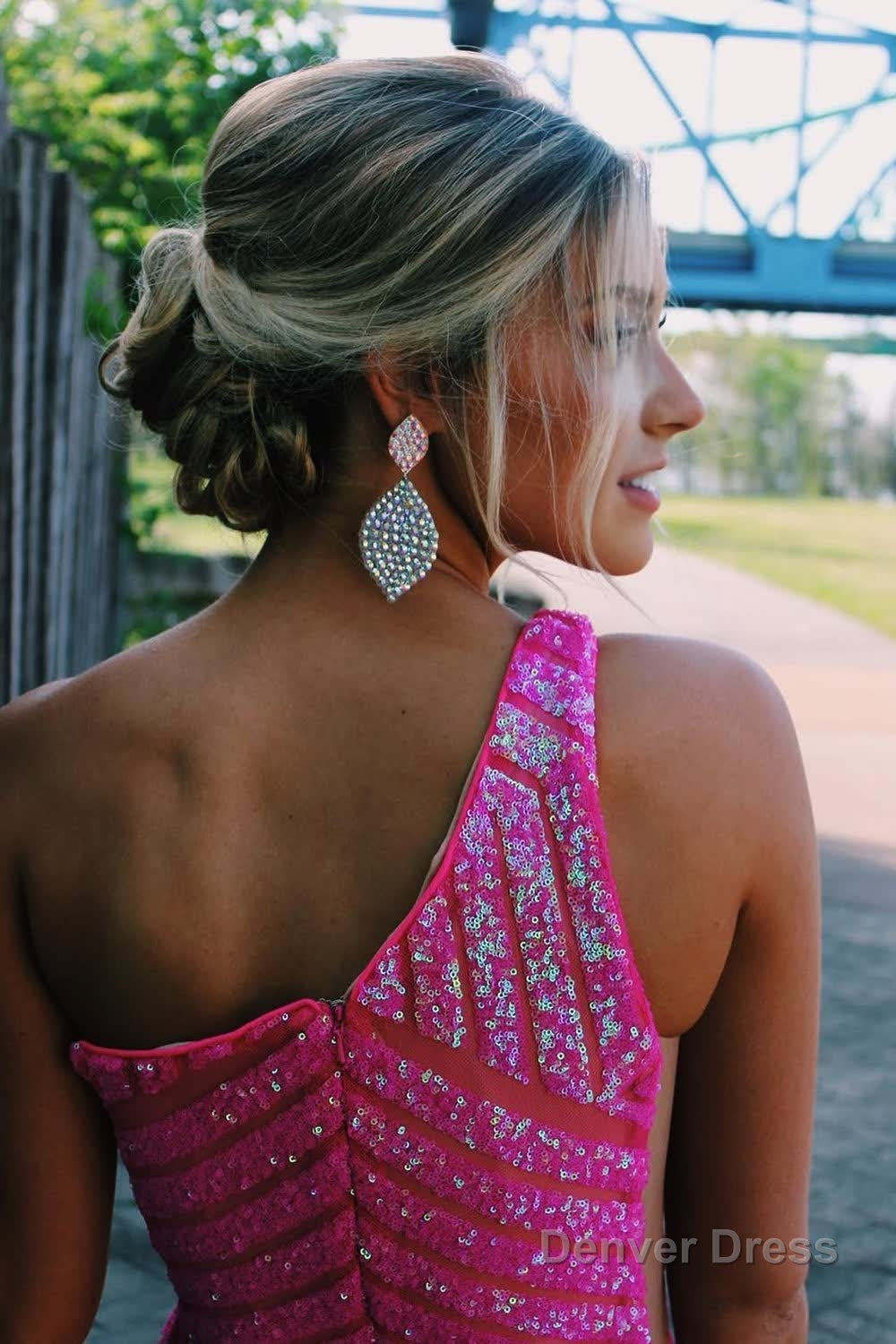 Dark Red One Shoulder Sequined Mermaid Prom Dresses