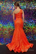 Dark Red One Shoulder Sequined Mermaid Prom Dresses