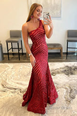 dark red one shoulder sequined mermaid prom dress