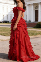 Dark Red Ruffled A-Line Square Neck Long Prom Dresses