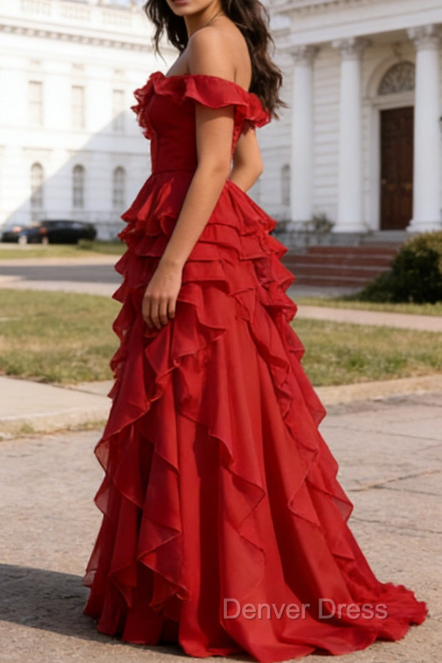 Dark Red Ruffled A-Line Square Neck Long Prom Dresses