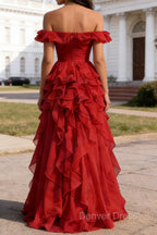 Dark Red Ruffled A-Line Square Neck Long Prom Dresses