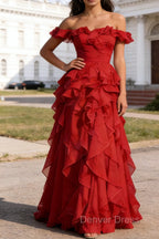 Dark Red Ruffled A-Line Square Neck Long Prom Dresses
