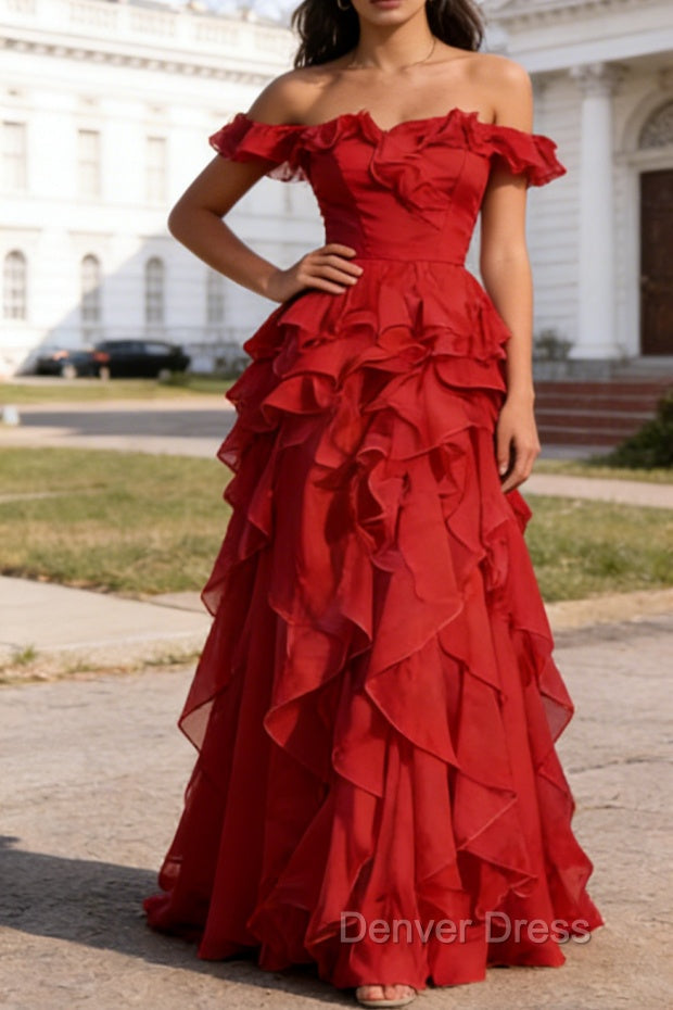 Dark Red Ruffled A-Line Square Neck Long Prom Dresses