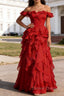 Dark Red Ruffled A-Line Square Neck Long Prom Dresses