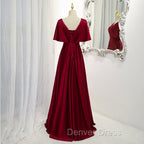 Dark Red Satin A-line Floor Length Evening Dresses, Wine Red Wedding Party Dresses